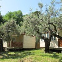 Mobile home bedroom, living room with kitchenette