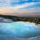 View of Pamukkale, also known as the "Cotton Castle" for its spectacular white travertine formations, is one of the most famous natural wonders of Turkey
