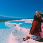 Panorama from the thermal pools of Pamukkale in Turkey