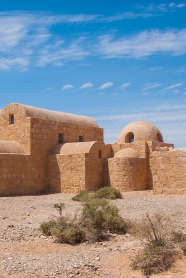 The Qasr Amra Castle in the desert in Jordan, built in the 8th century by the Umayyad caliph Walid II.