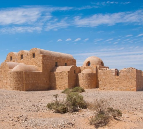The Qasr Amra Castle in the desert in Jordan, built in the 8th century by the Umayyad caliph Walid II.