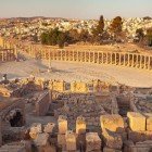 View of the Oval Forum of the ancient Roman city of Jerash in Jordan