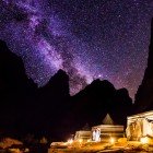 Spectacular night view of the celestial vault from the tents in the desert of Wadi Rum in Jordan