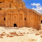 Ancient tomb of a Roman soldier carved into sandstone in Petra, Jordan