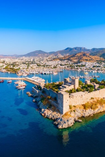 Drone view of Bodrum Bay, the port, and the medieval castle in the Aegean Sea, Turkey.