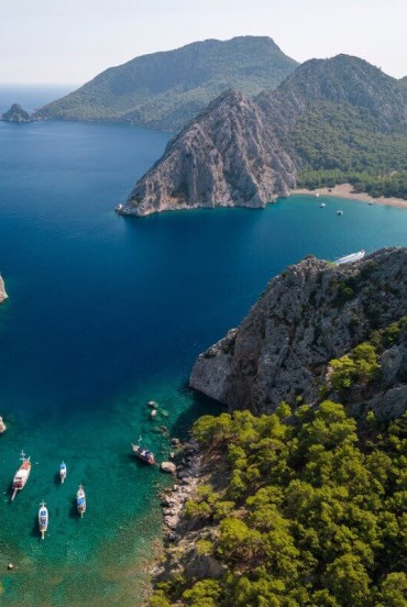 Aerial view of Kissebuku Koyu Bay on the coast of Keramus and Alicarnassus, Aegean Sea, Mazi district, just 20 km from Bodrum, Turkey.