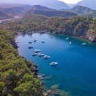 Aerial view of Ibrahim Bay, in the Bodrum Peninsula, Muğla, Aegean Sea, Turkey.