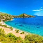 Details of the beach in Mazi Bay, located in the Bodrum Peninsula, Muğla Province, Turkey.
