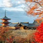 The Sanjunoto pagoda, located at the Kiyomizu-dera Temple in Kyoto, is an iconic three-story structure, a symbol of Japanese tradition, surrounded by breathtaking autumn landscapes.