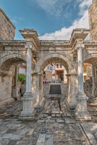 Perfectly preserved Roman triumphal arch in the historic heart of Antalya.