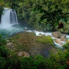 A waterfall in Ecuador plunges through the lush greenery of Sumaco National Park, where the white-water river winds its way across the South American rainforest.