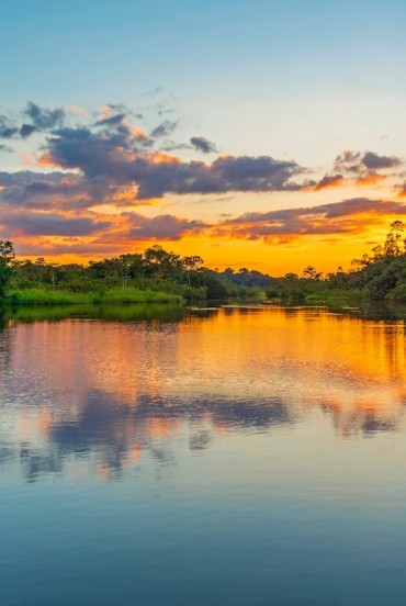 The sun sets on the banks of an Amazon river in Ecuador, painting the waters gold as the forest falls into magical silence, broken only by distant songs of nature.