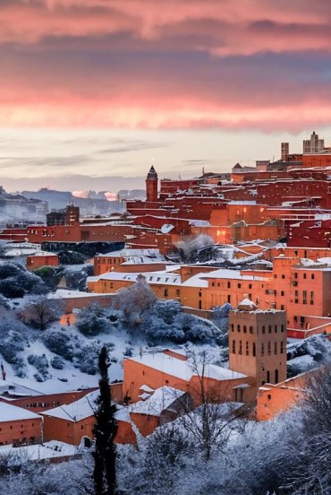 Ifrane in winter, covered in snow, enchants with orderly streets, alpine chalets, and fairytale mountain landscapes in the Middle Atlas.