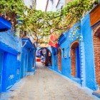 A picturesque blue alley in Chefchaouen winds between painted walls and hidden little shops, where local art and daily life blend into an authentic and magical atmosphere.