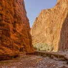 The Todra River flows through its valley among rocks and palm groves, bordered by a peaceful walking path ideal for scenic strolls.