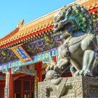 The guardian lion statues and yellow roofs with golden decorations symbolize protection and imperial power in the Forbidden City of Beijing.