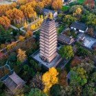 Aerial view of the Small Wild Goose Pagoda in Xi’an in autumn: roofs and terraces illuminated by warm colors, blending history and Tang architecture.