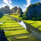 The rice plantations at Tam Cốc – Bích Động stretch between rivers and karst mountains, creating an iconic landscape of rural Vietnam.