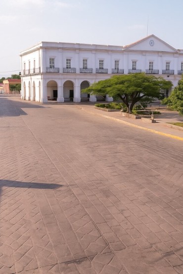 The white municipal palace of Tehuantepec dominates the central square with its elegant porticoes, surrounded by colonial streets, shaded trees, and the lively atmosphere of southern Mexico.