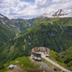 Aerial view of the Russia–Georgia Friendship Monument along the Military Road: between Gudauri and Jvari Pass, it overlooks the evocative Devil’s Valley in the Caucasus.