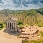 Aerial view of Garni Temple in Armenia, a Greek-style monument set on a scenic gorge: a top attraction blending history, nature and Caucasus landscapes.