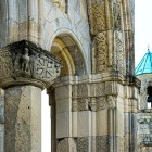 Details of the facade of Bagrati Cathedral in Kutaisi, an 11th-century masterpiece. Carved elements reveal the grandeur of medieval Georgian architecture.