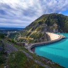 Enguri hydroelectric dam and Jvari reservoir on the Inguri River in Upper Svaneti. A scenic landscape of mountains, nature and engineering.