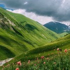 Mountain landscape of Svaneti in Georgia, with green hills and towering peaks. Pristine nature and breathtaking views in one of the Caucasus’ most fascinating regions.
