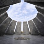 The eternal flame at Tsitsernakaberd in Yerevan burns at the Armenian Genocide memorial of 1915, symbol of remembrance and reflection