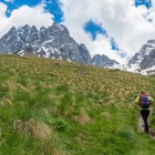 Trekking in the Juta Valley, through alpine meadows and high-altitude trails at the foot of the spectacular Chaukhi Massif, in the Kazbegi region of Georgia.
