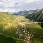 Panoramic view over Truso Valley crossed by the Tergi River, amid wide green landscapes, Caucasus mountains and some of the region’s most spectacular scenery.