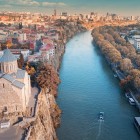 The Metekhi Church overlooks the Kura River from a rocky cliff in the heart of Tbilisi, offering one of the most evocative views over the Old Town and the city skyline.