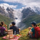 Trekking break with a packed lunch at the foot of the Shkhara glacier. Among grass and silence, the gaze opens to the Caucasus peaks as time flows slowly.