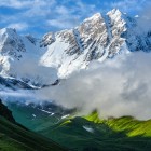 Shkhara, in the Caucasus range of the Bezengi Wall, is among the highest peaks (5193 m). Among glaciers and a wide valley, it overlooks Ushguli, a UNESCO village.