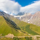 Summer view of Zagar Pass (2620 m), from Ushguli to Sasashi between Upper and Lower Svaneti. A mountain pass with ridges, valleys and wide views.