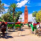 Horse-drawn carriages cross the Medina of Marrakech in front of the Koutoubia Mosque minaret, just a few steps from Jemaa el-Fnaa.