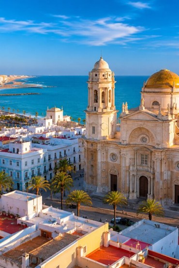 Santa Cruz on the Sea Cathedral rises above Cádiz's historic centre with its golden dome, overlooking the Atlantic among whitewashed streets and elegant squares.