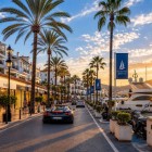 Sunset bathes Puerto Banús in golden light, where luxury yachts, elegant boutiques and palm-lined promenades create one of Marbella's most iconic waterfront walks.