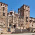 The façade of the Co-Cathedral of Santa María overlooks Plaza de Santa María in Cáceres, where Gothic and Renaissance architecture define the heart of the UNESCO-listed city.