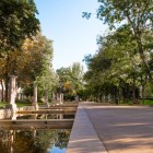 Paseo de Recoletos offers a green retreat in the heart of Madrid: linear pools, stone columns and shady trees accompany visitors along the historic city boulevard.