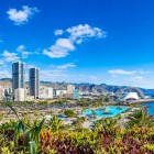 Framed by palm trees and tropical vegetation, modern Santa Cruz de Tenerife unfolds with the César Manrique Maritime Park, the city towers and the iconic Tenerife Auditorium overlooking the Atlantic.