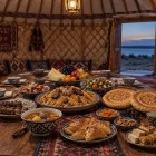 Inside an Aydarkul yurt, dinner celebrates Uzbek flavors with plov, shashlik, shurpa, samsa, non bread, salads, fruit and oriental sweets, accompanied by green tea.