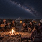 In Aydarkul, travelers gather around the fire, accompanied by the songs of the akyn, while the stars and the Milky Way shine above the yurts.