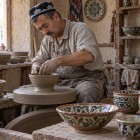 In Gijduvan, a master potter shapes clay on the wheel, surrounded by hand-painted vases and bowls: an authentic encounter with Uzbek art along the Silk Road.