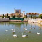 At the Al Gijduvani Complex, a pond with swans and ducks accompanies visitors among manicured gardens, porticoes and the sacred architecture of Gijduvan, near Bukhara, Uzbekistan.