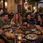 After a day exploring the old city, squares, museums and metro, the group gathers for dinner at a restaurant in Tashkent, enjoying a variety of Uzbek culinary specialities.