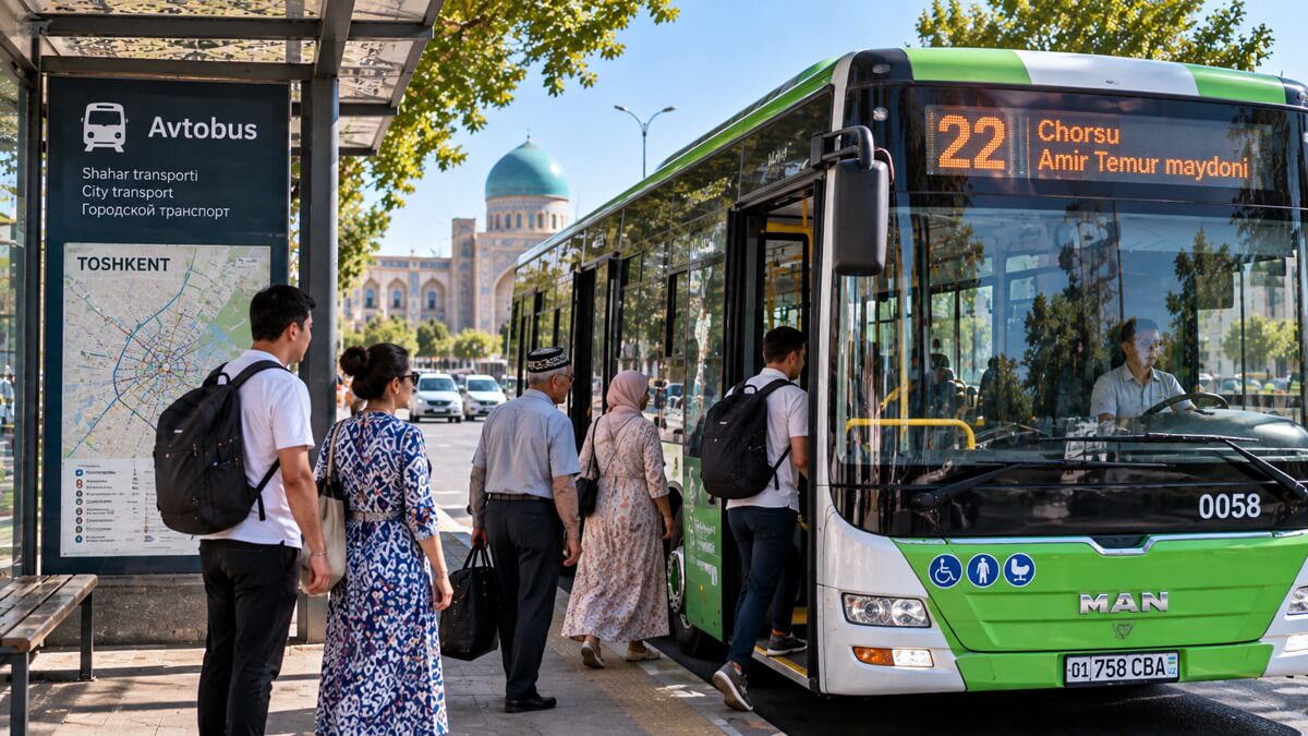 Passengers at a bus stop boarding a city bus in Tashkent