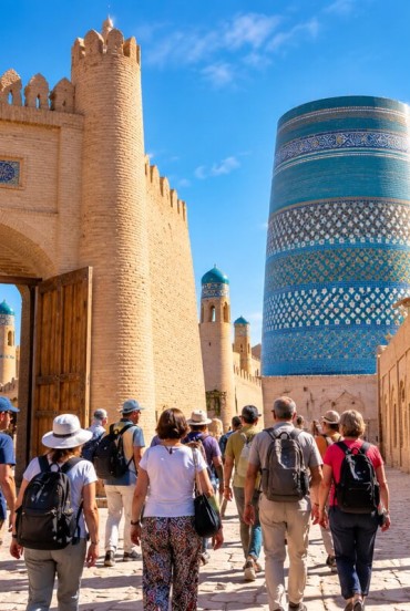 Entrance to Ichan Kala through the walls and historic architecture of Khiva